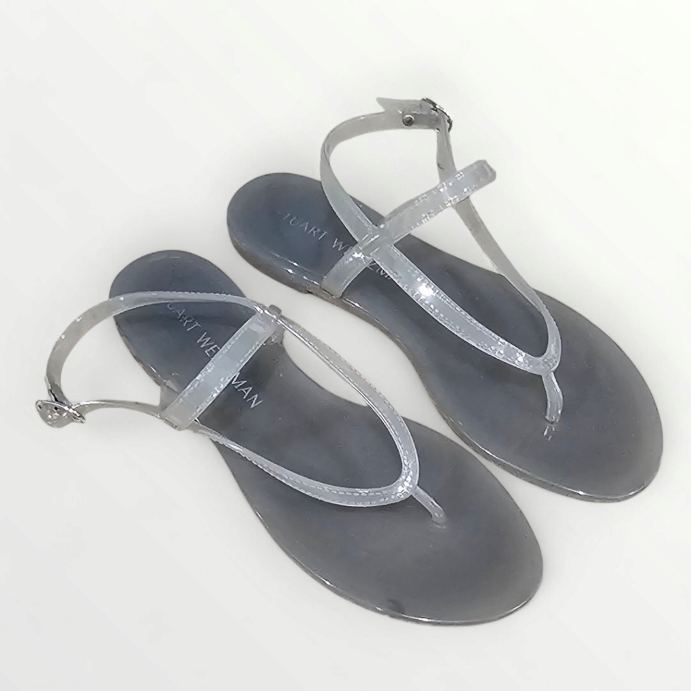 STUART WEITZMAN Women Gray Clear Jelly Thong Ankle Strap Sandals 10M